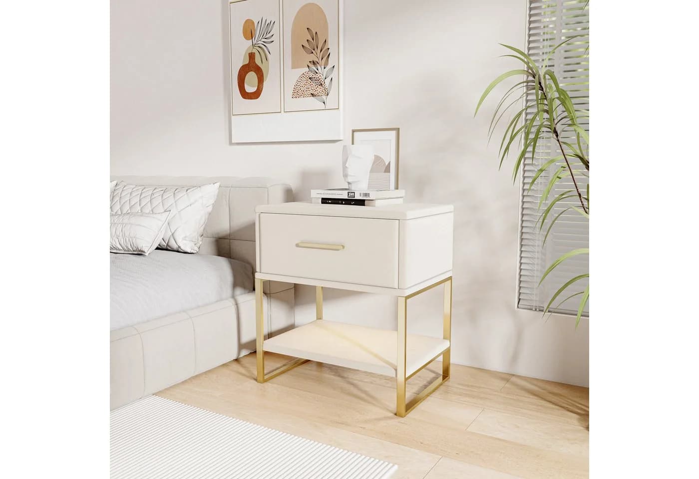 FUROKOY Nachttisch 2er-Set Beige Schubladenschrank
