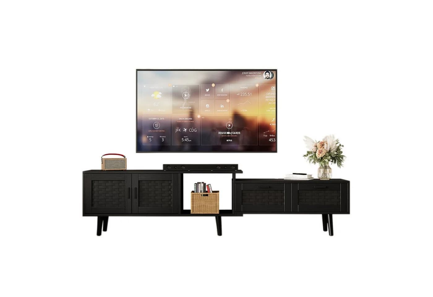 FUROKOY TV-Schrank Schwarz Skalierbar Rattan 2 Türen 2 Schubladen - Bild 2