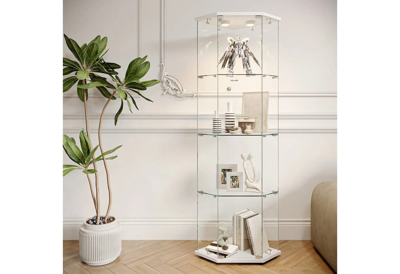 FUROKOY Glasvitrine Fünfeckig Weiß 4 Ebenen 1 Tür - Bild 2