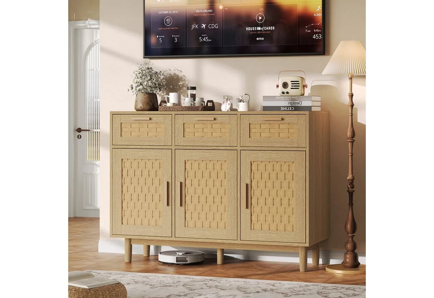 FUROKOY Sideboard Rattan Küchenschrank Holz 3 Schubladen 3 Türen