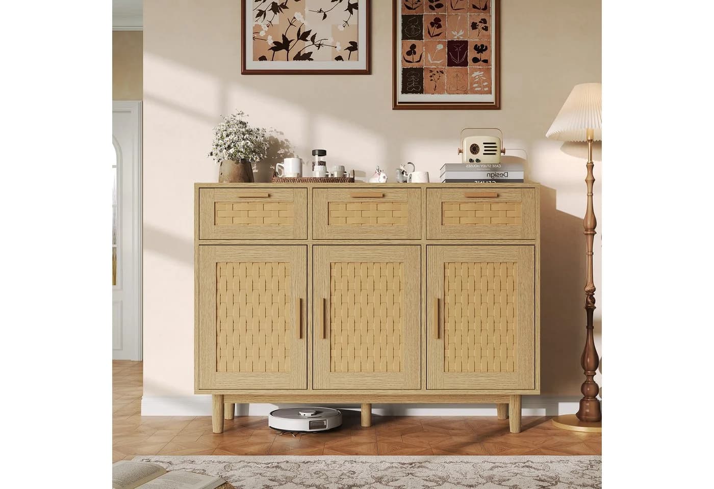 FUROKOY Sideboard Rattan Küchenschrank Holz 3 Schubladen 3 Türen - Bild 2