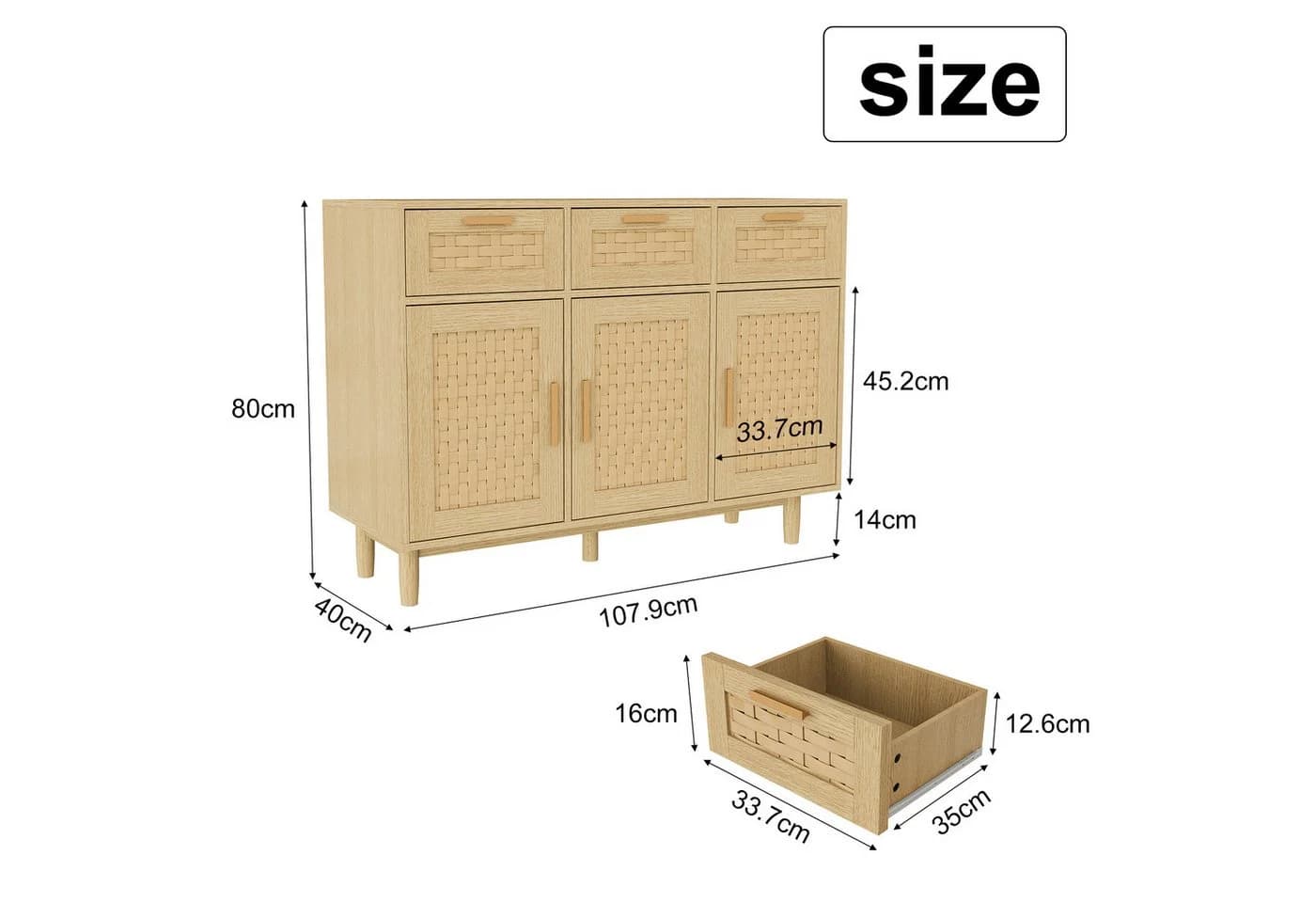 FUROKOY Sideboard Rattan Küchenschrank Holz 3 Schubladen 3 Türen - Bild 5