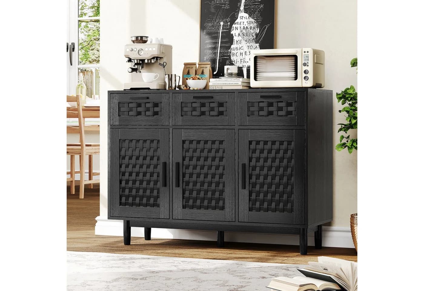 FUROKOY Sideboard Rattan Schwarz mit 3 Schubladen und 3 Türen