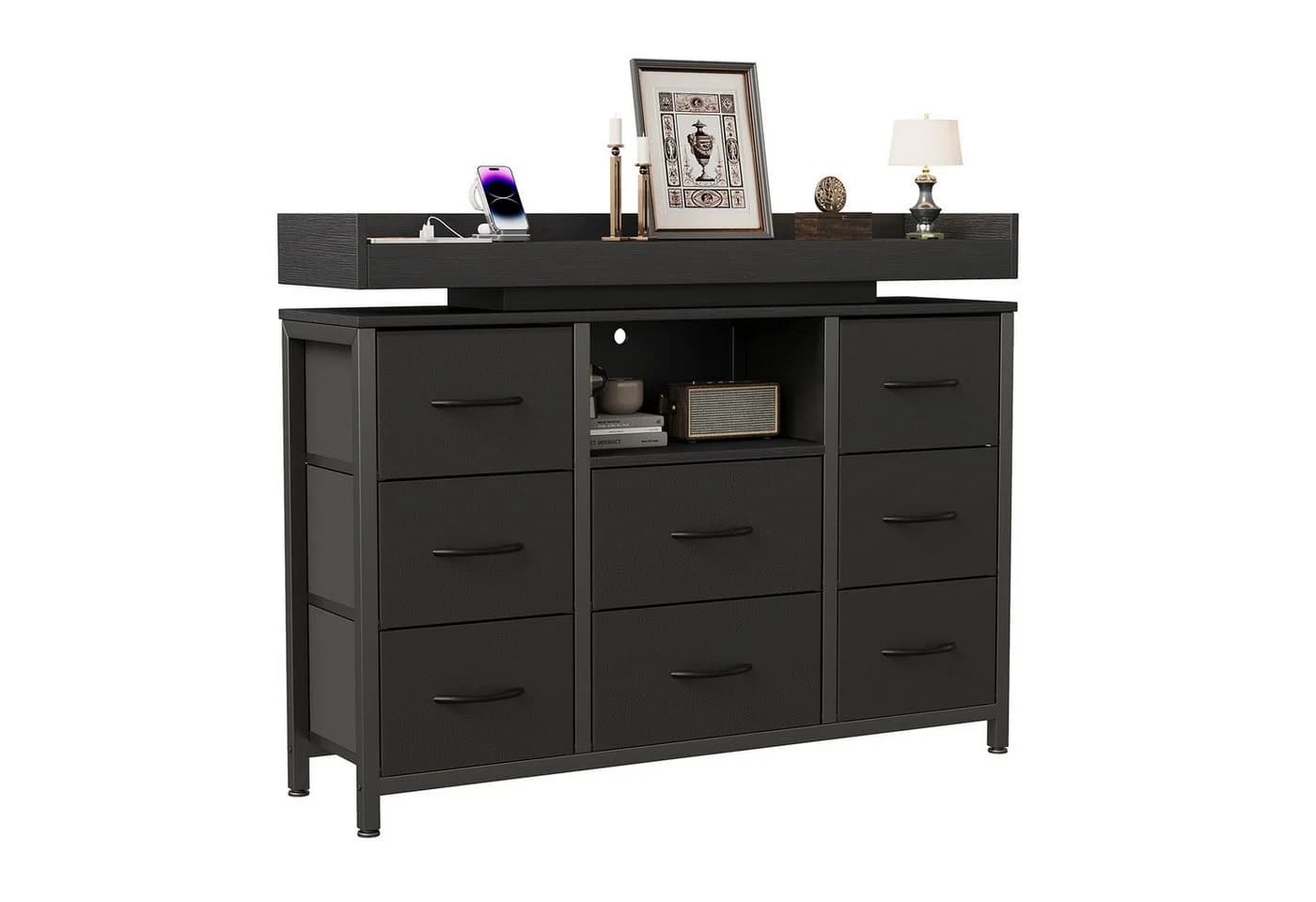 FUROKOY TV-Schrank Sideboard mit 8 Stoffschubladen Industrie-Design Schwarz
