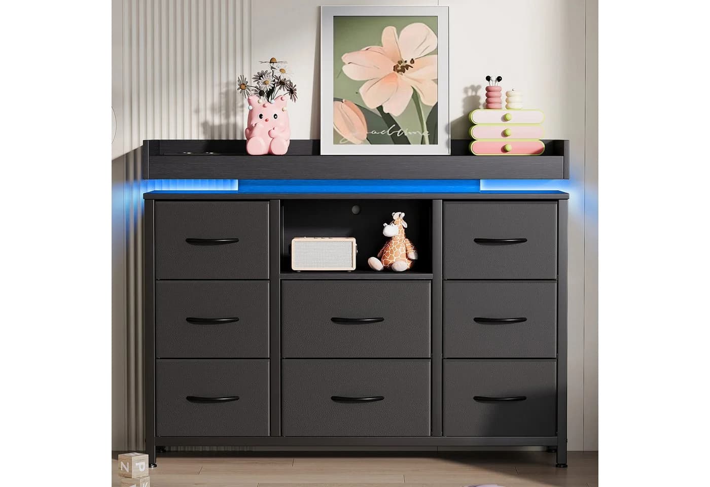 FUROKOY TV-Schrank Sideboard mit 8 Stoffschubladen Industrie-Design Schwarz - Bild 3