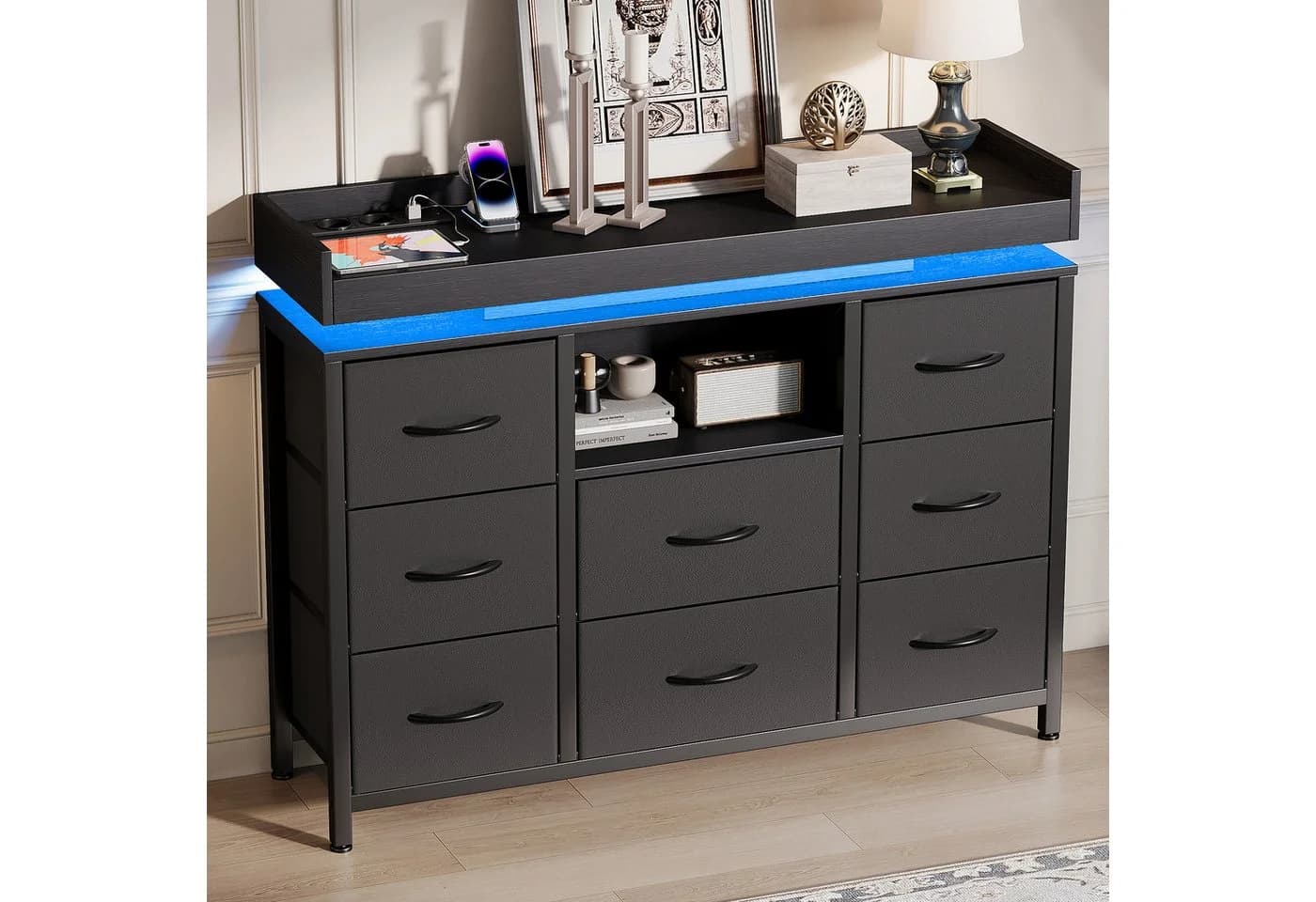 FUROKOY TV-Schrank Sideboard mit 8 Stoffschubladen Industrie-Design Schwarz - Bild 4