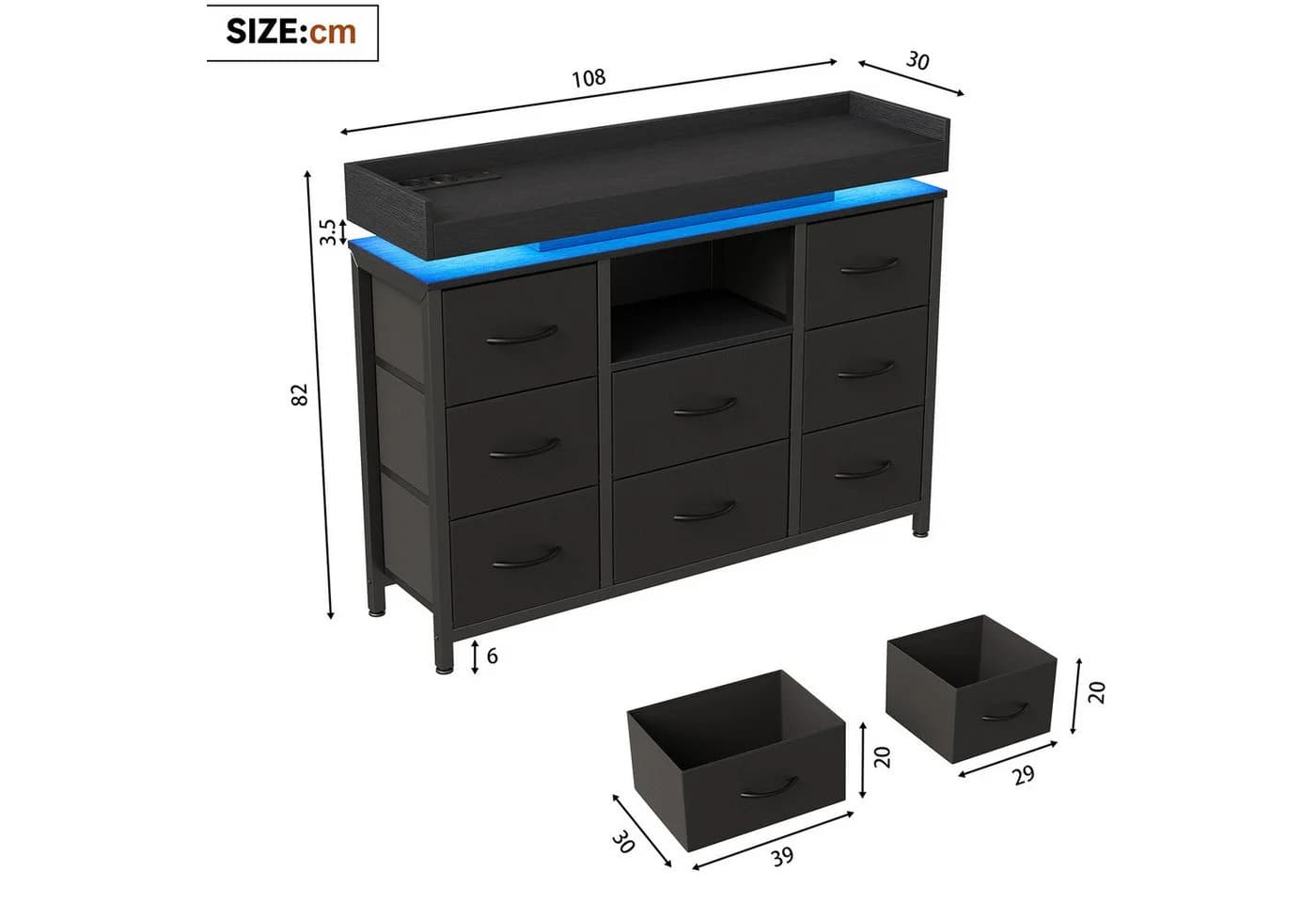 FUROKOY TV-Schrank Sideboard mit 8 Stoffschubladen Industrie-Design Schwarz - Bild 5