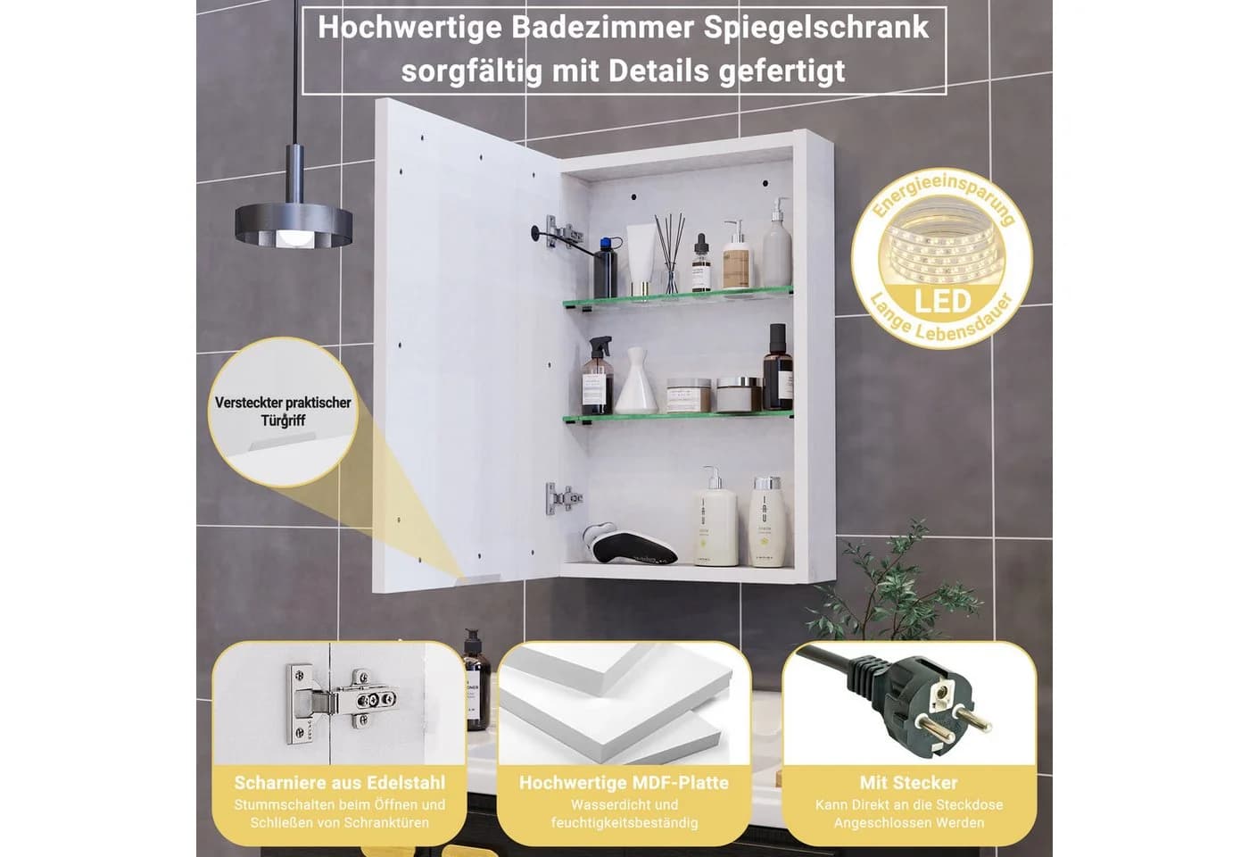 ADWOLT Badezimmerspiegelschrank mit LED-Beleuchtung Weiß - Bild 4