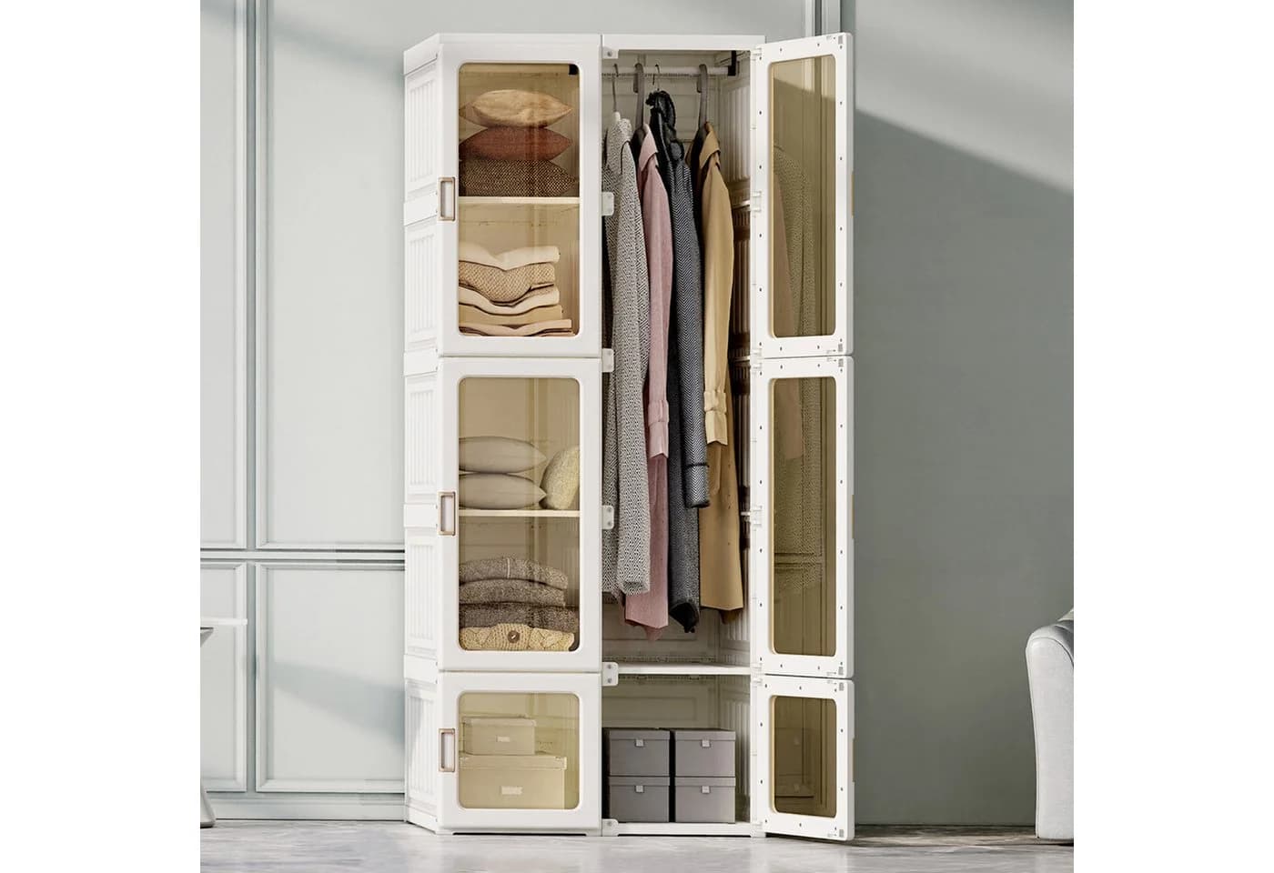 BELUPAI Kleiderschrank Faltbar Transparent/Weiß mit Magnettüren - Bild 4
