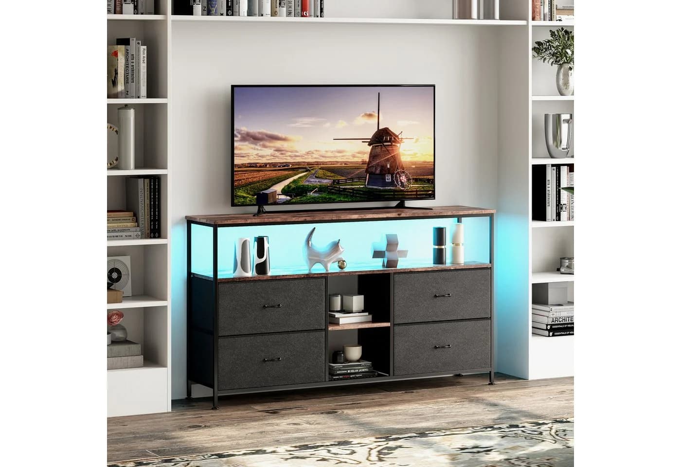BELUPAI Lowboard TV Schrank mit LED und 4 Stoff-Schubladen Schwarz
