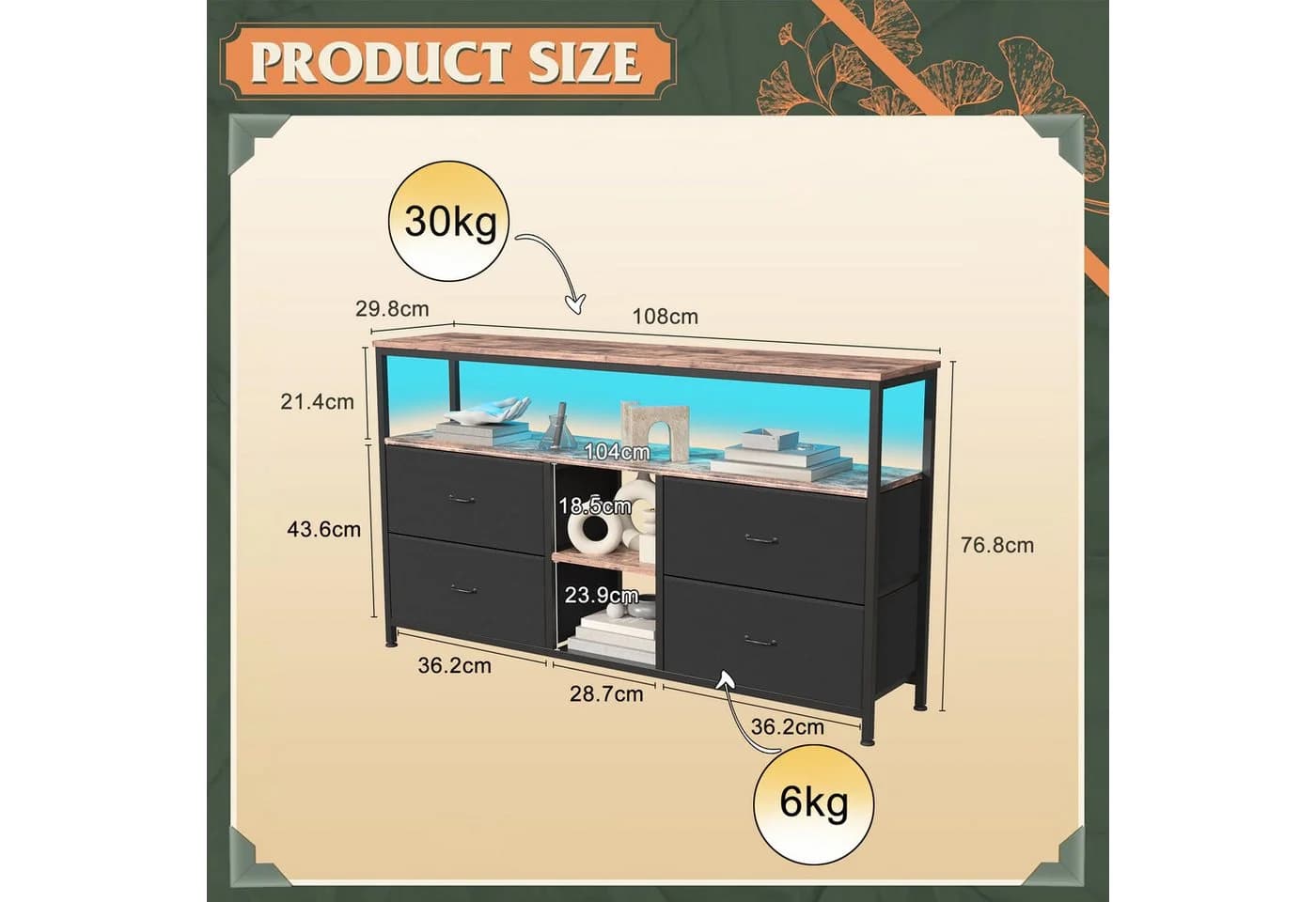 BELUPAI Lowboard TV Schrank mit LED und 4 Stoff-Schubladen Schwarz - Bild 5