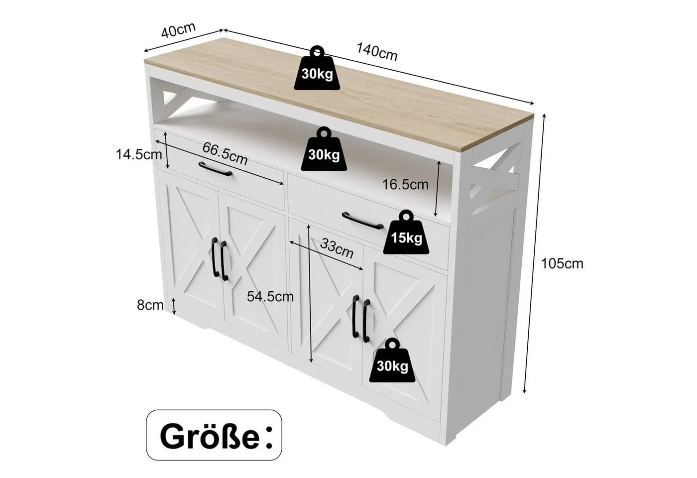 zebery Buffet Sideboard Landhausstil Braun/Weiß mit Schubladen - Bild 5