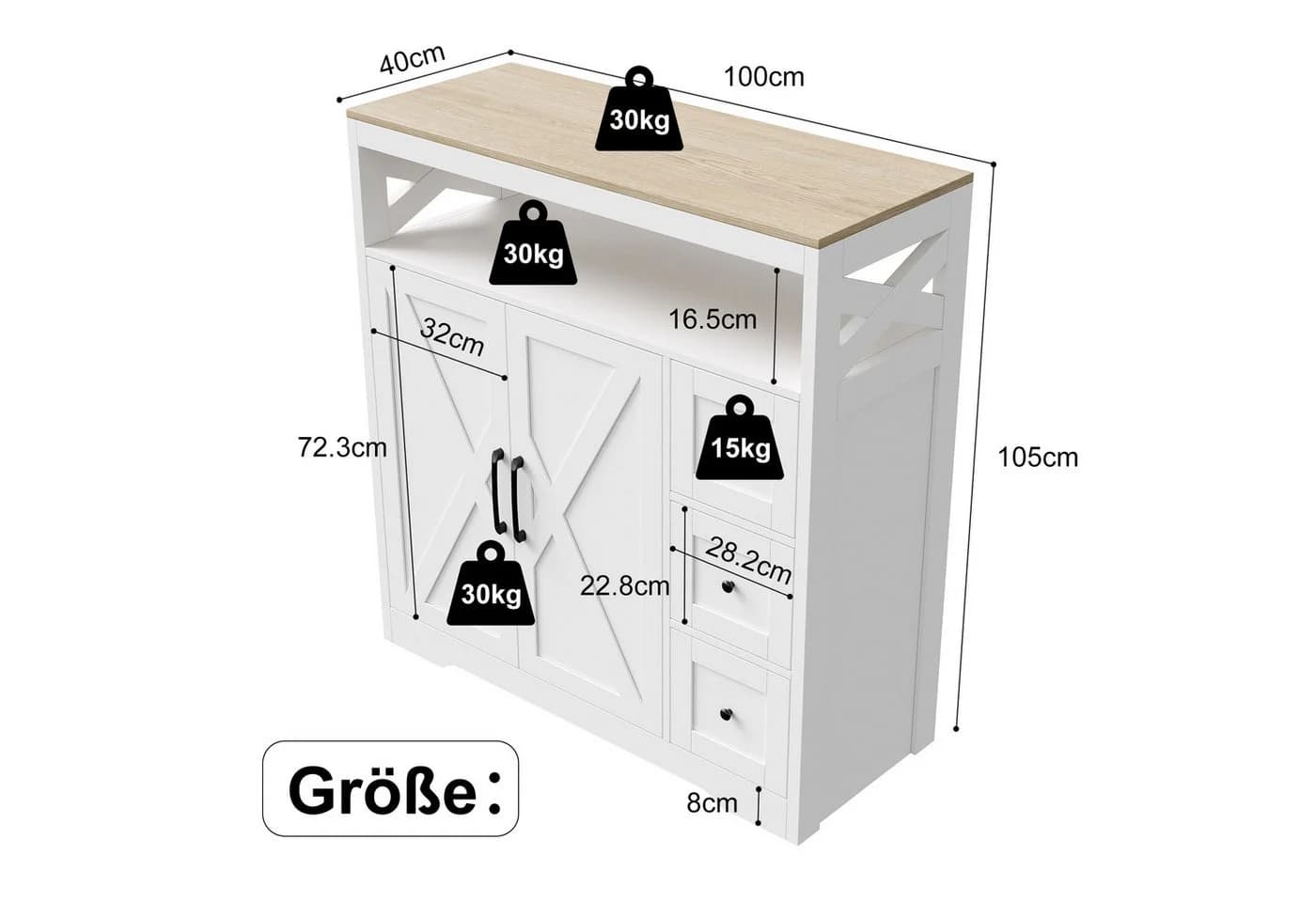 zebery Buffet Sideboard Landhausstil Braun/Weiß mit Schubladen - Bild 5