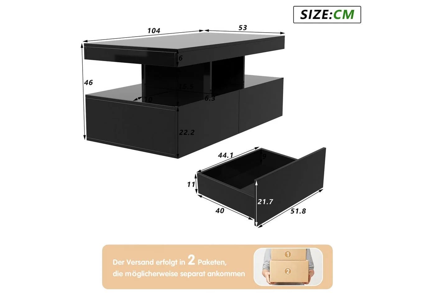 zebery Couchtisch Hochglanz Schwarz mit LED Beleuchtung - Bild 5