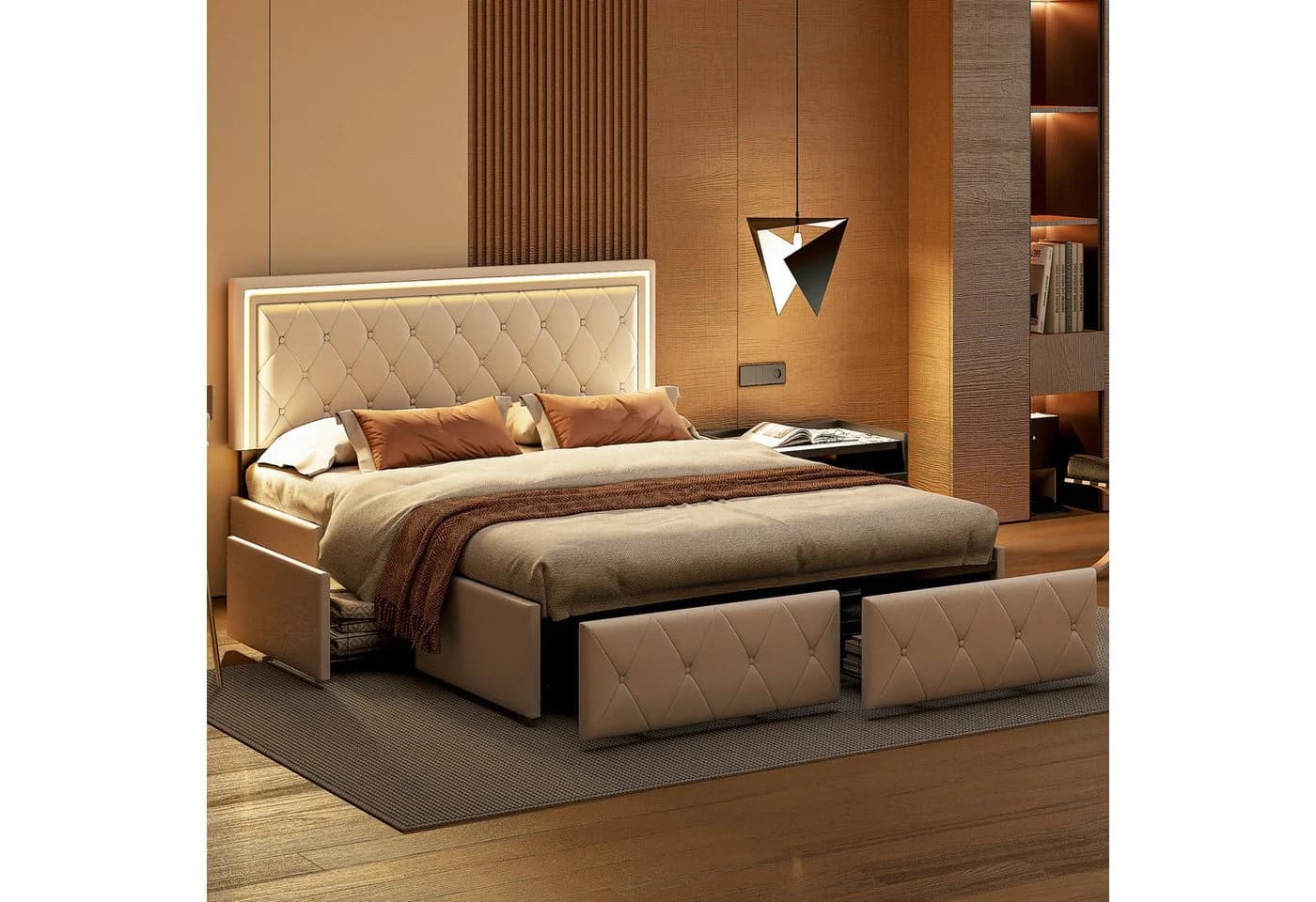 zebery Polsterbett mit LED-Beleuchtung und 4 Schubladen Beige - Bild 4