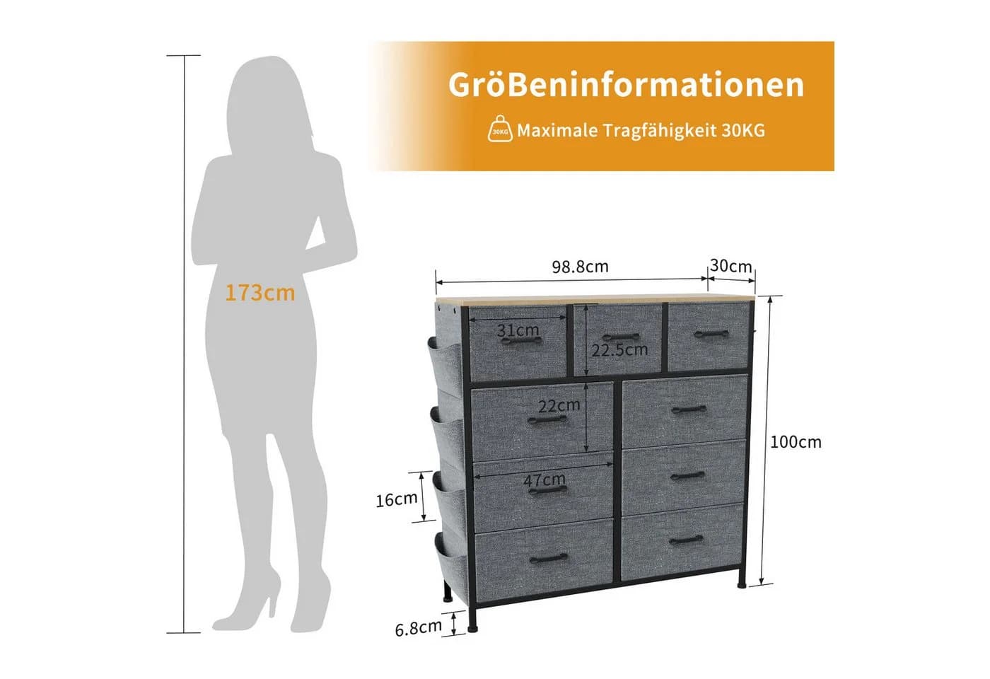 zebery Kommode mit 9 Stoffschubladen Grau Metallgestell - Bild 5