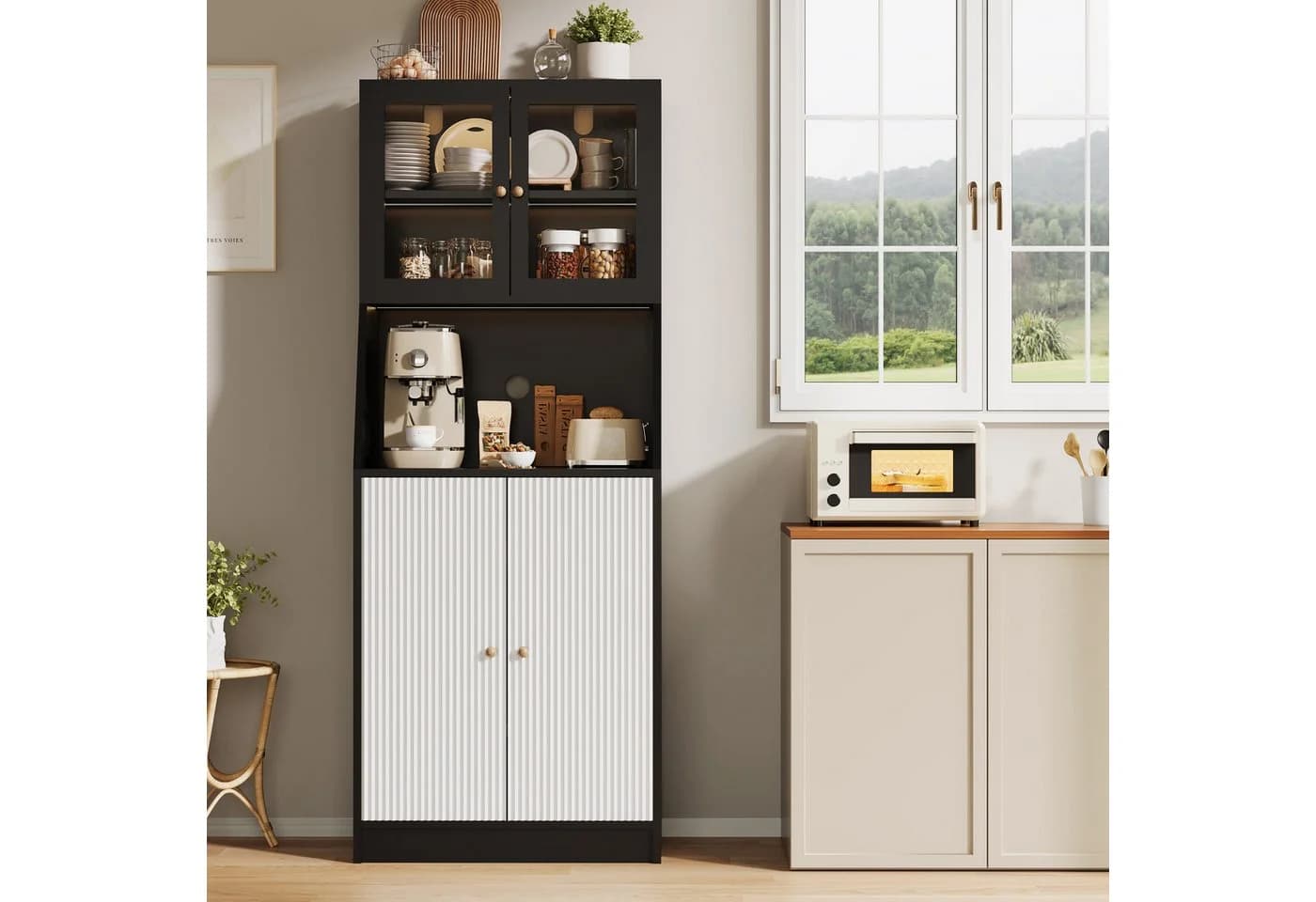 BELUPAI Küchenbuffet Hochschrank Schwarz mit Glastüren und LED-Beleuchtung