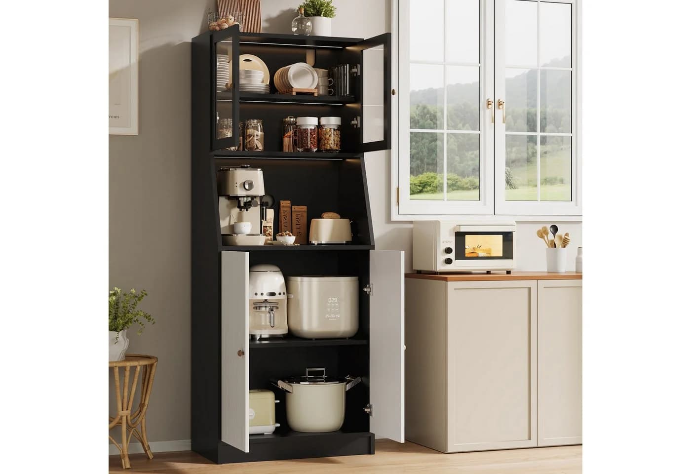 BELUPAI Küchenbuffet Hochschrank Schwarz mit Glastüren und LED-Beleuchtung - Bild 3