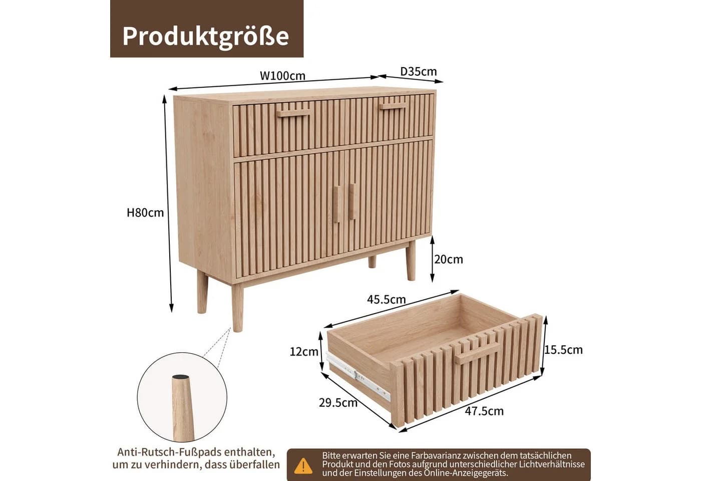 zebery Kommode Sideboard mit 2 Schubladen und 2 Türen Holzoptik - Bild 5