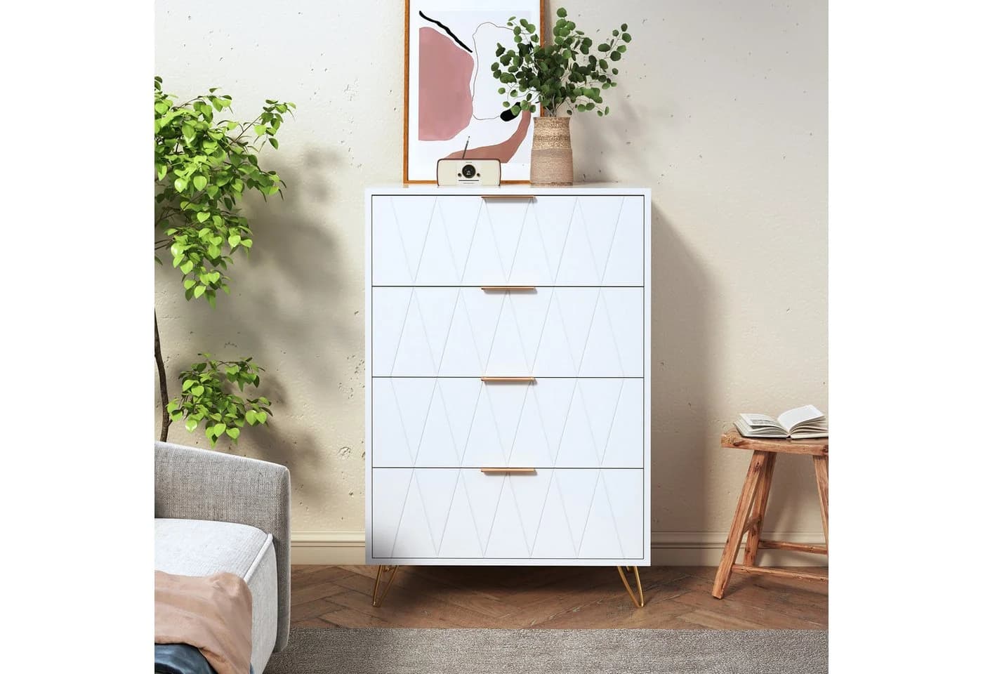 zebery Kommode Sideboard Weiß mit Schubladen und Metallbeinen