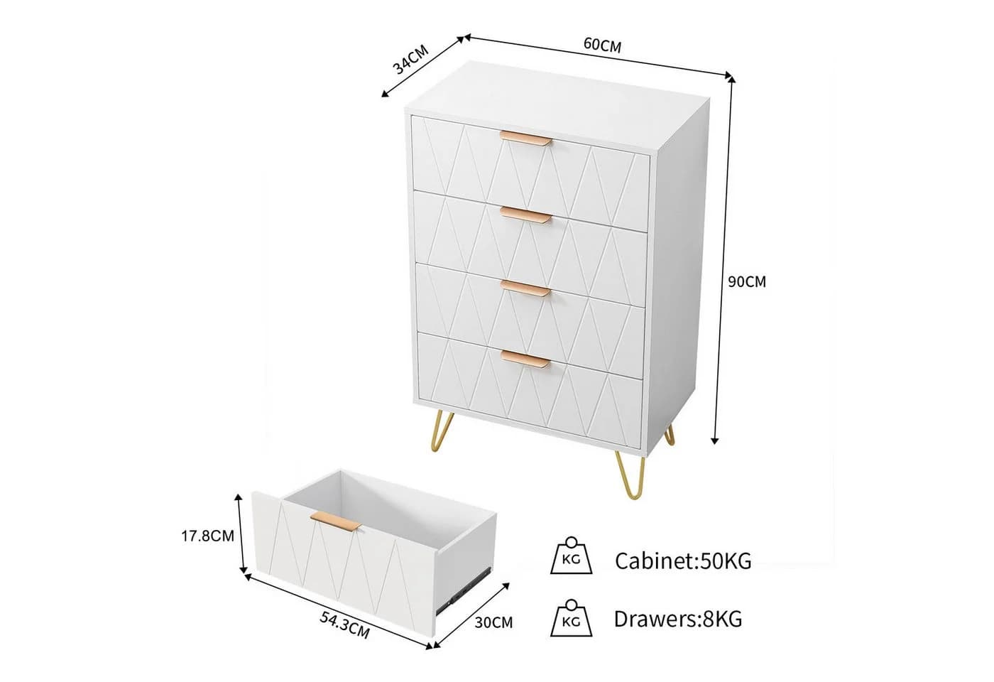 zebery Kommode Sideboard Weiß mit Schubladen und Metallbeinen - Bild 5