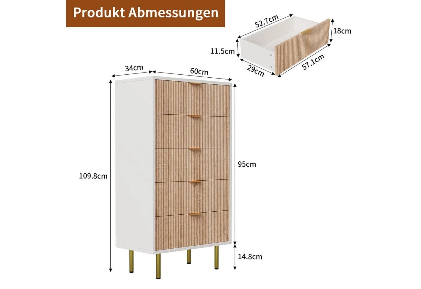 zebery Kommode Sideboard Weiß 5 Schubladen Metallbeine Modern - Bild 5