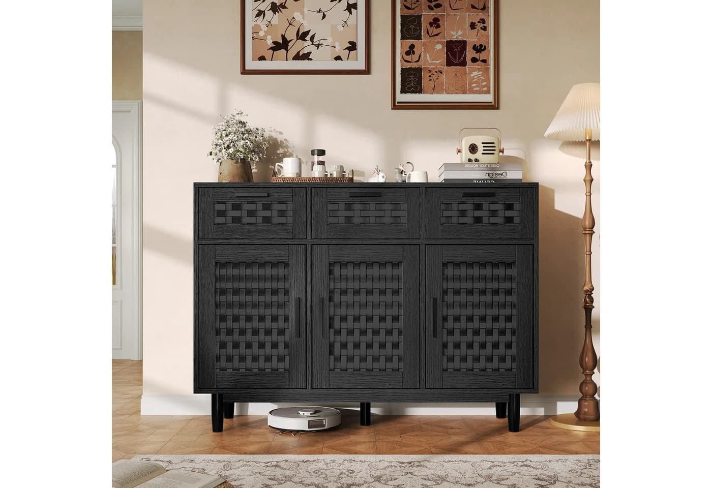 zebery Kommode Sideboard Schwarz Holzfarben Rattan Optik