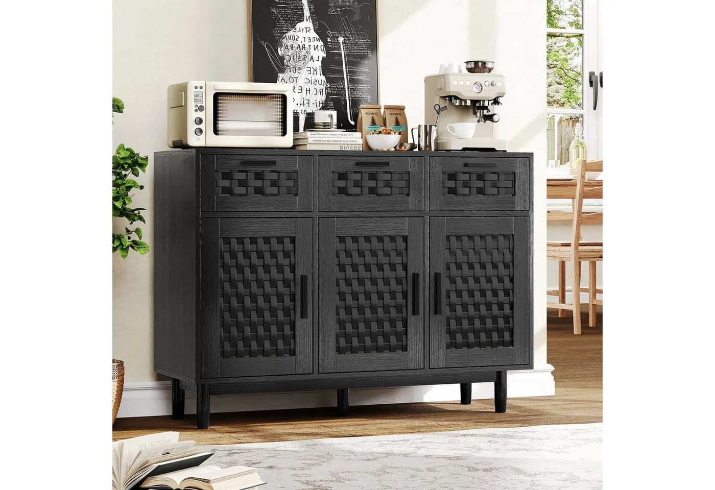 zebery Kommode Sideboard Schwarz Holzfarben Rattan Optik - Bild 2