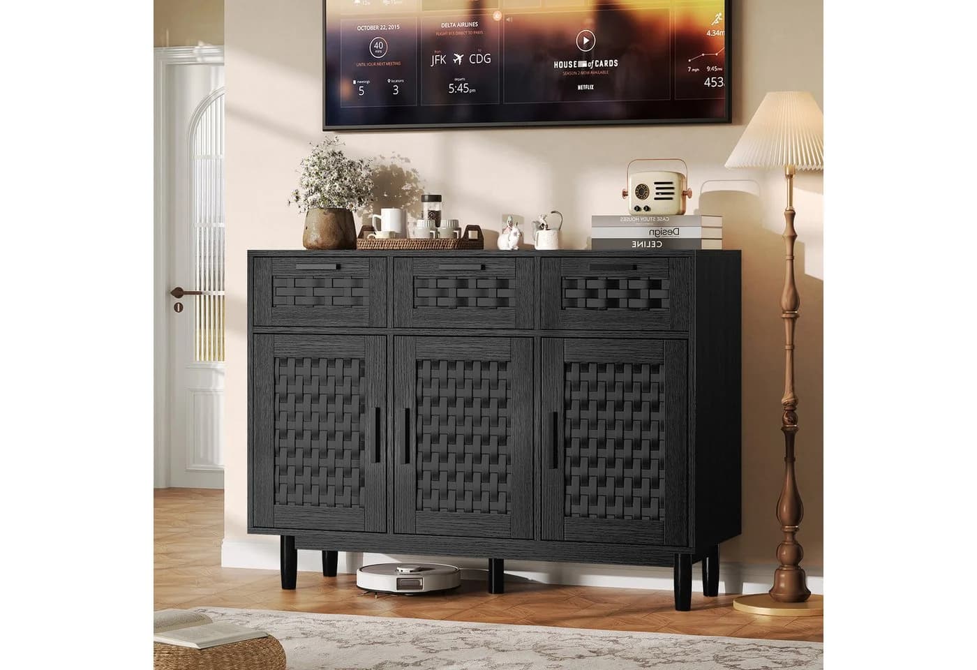 zebery Kommode Sideboard Schwarz Holzfarben Rattan Optik - Bild 3