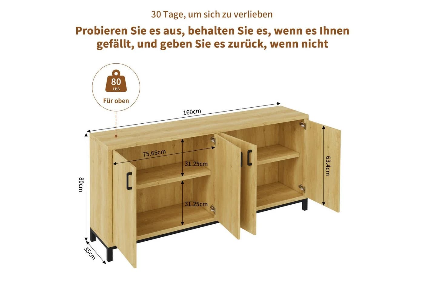 zebery Sideboard Retro-Stil Anrichte Küchenschrank mit 4 Türen und Metallgriff - Bild 5