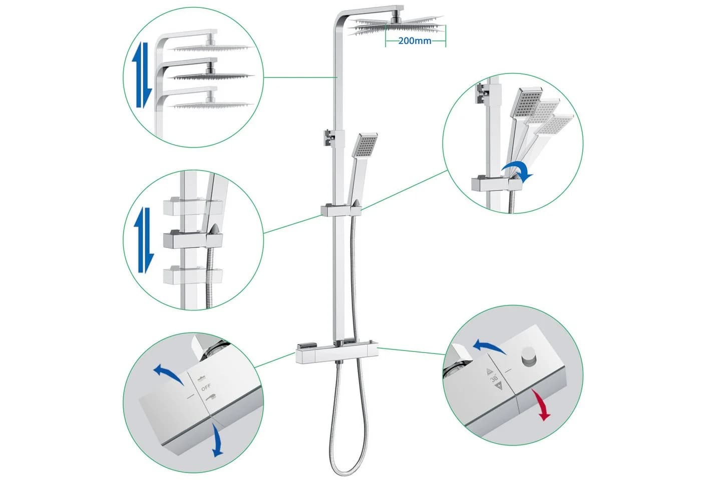 Aica Sanitär Duschsystem mit Thermostat, Regendusche & Handbrause, Edelstahl - Bild 4
