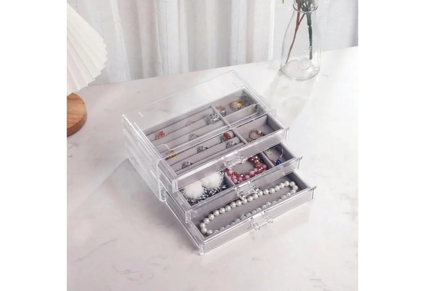 HURTNET Schmuck Organizer Acryl transparent 3 Schubladen Samteinlage