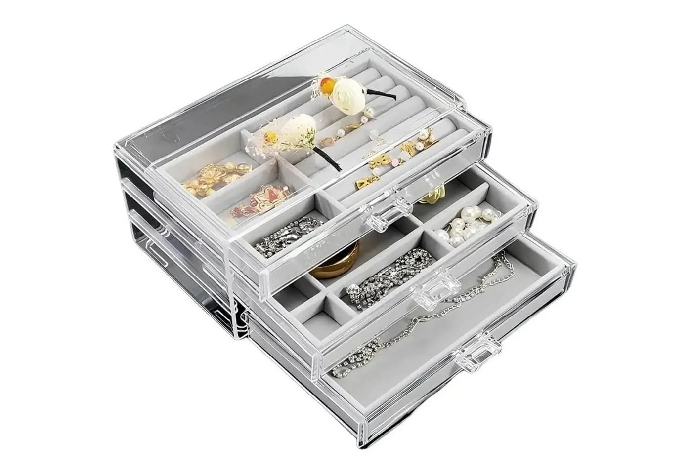HURTNET Schmuck Organizer Acryl transparent 3 Schubladen Samteinlage - Bild 2