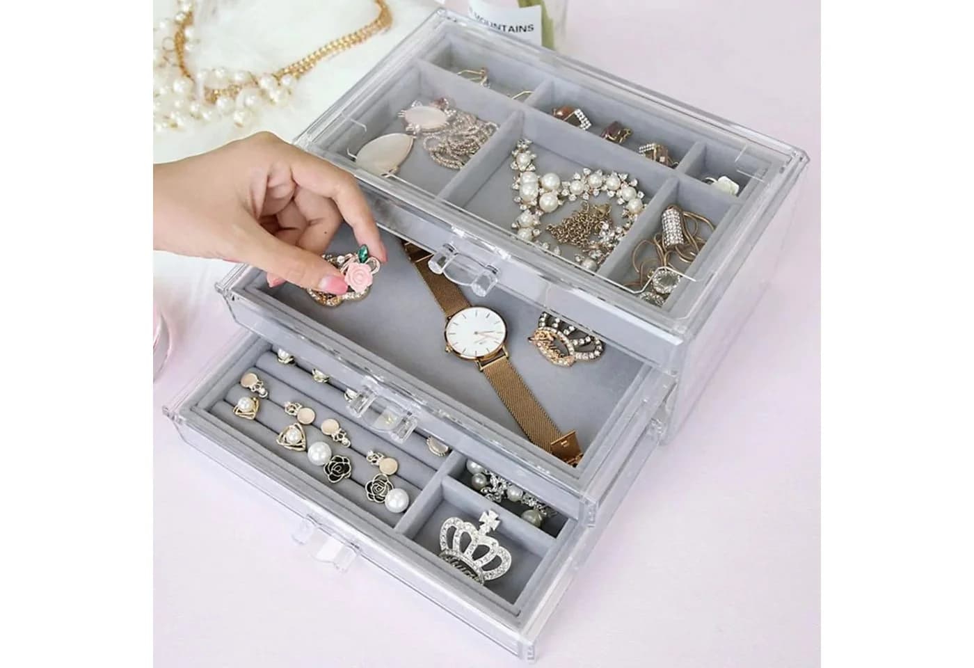 HURTNET Schmuck Organizer Acryl transparent 3 Schubladen Samteinlage - Bild 3