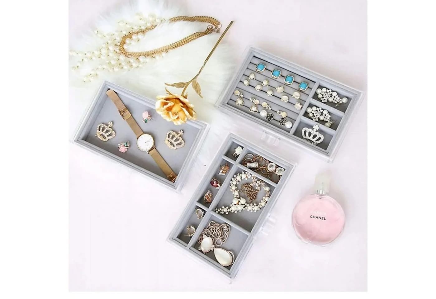 HURTNET Schmuck Organizer Acryl transparent 3 Schubladen Samteinlage - Bild 4