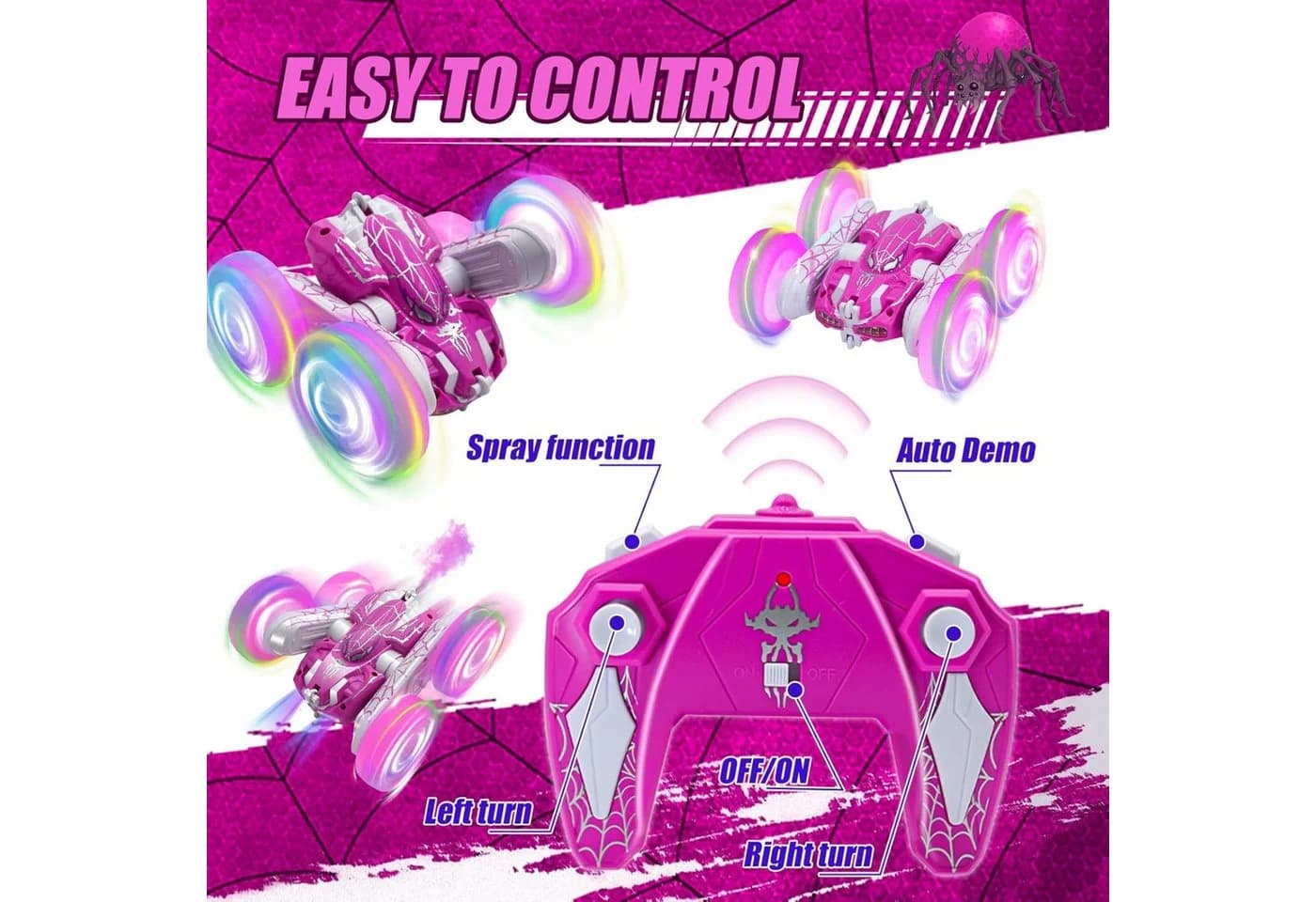 LA CUTE RC Spider Auto Pink 4x4 4WD Stunt Car mit LED & Sprühfunktion - Bild 4