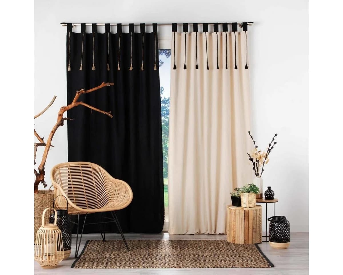 Douceur d'intérieur Vorhang mit Hosenträgern und Quasten Beige/Schwarz