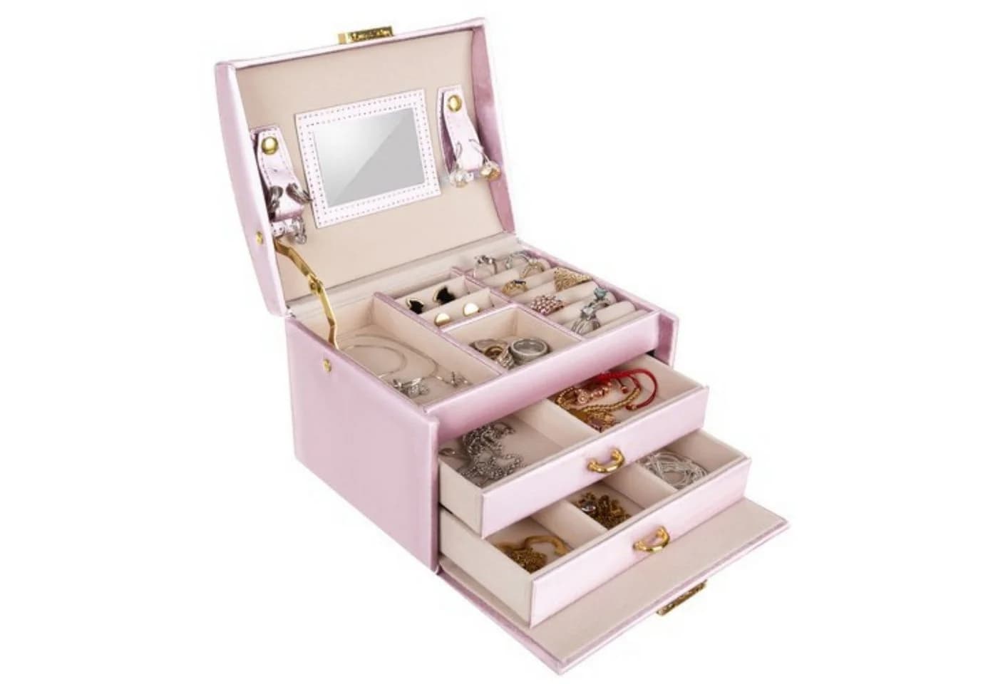 Beautylushh Schmuckkasten Rosa mit Schloss, Spiegel und Schubladen