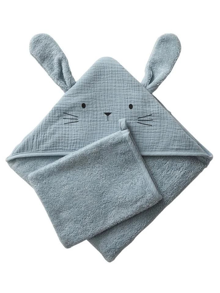 vertbaudet Kapuzenhandtuch Set mit Waschhandschuh Bio-Baumwolle Blau/Gelb