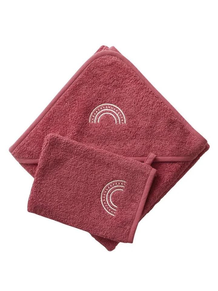 vertbaudet Baby Kapuzenhandtuch mit Waschhandschuh Himbeer Frottee