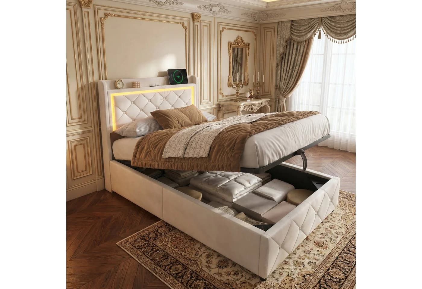 Gdood LED Polsterbett Beige Samt mit Stauraum und Lattenrost - Bild 2