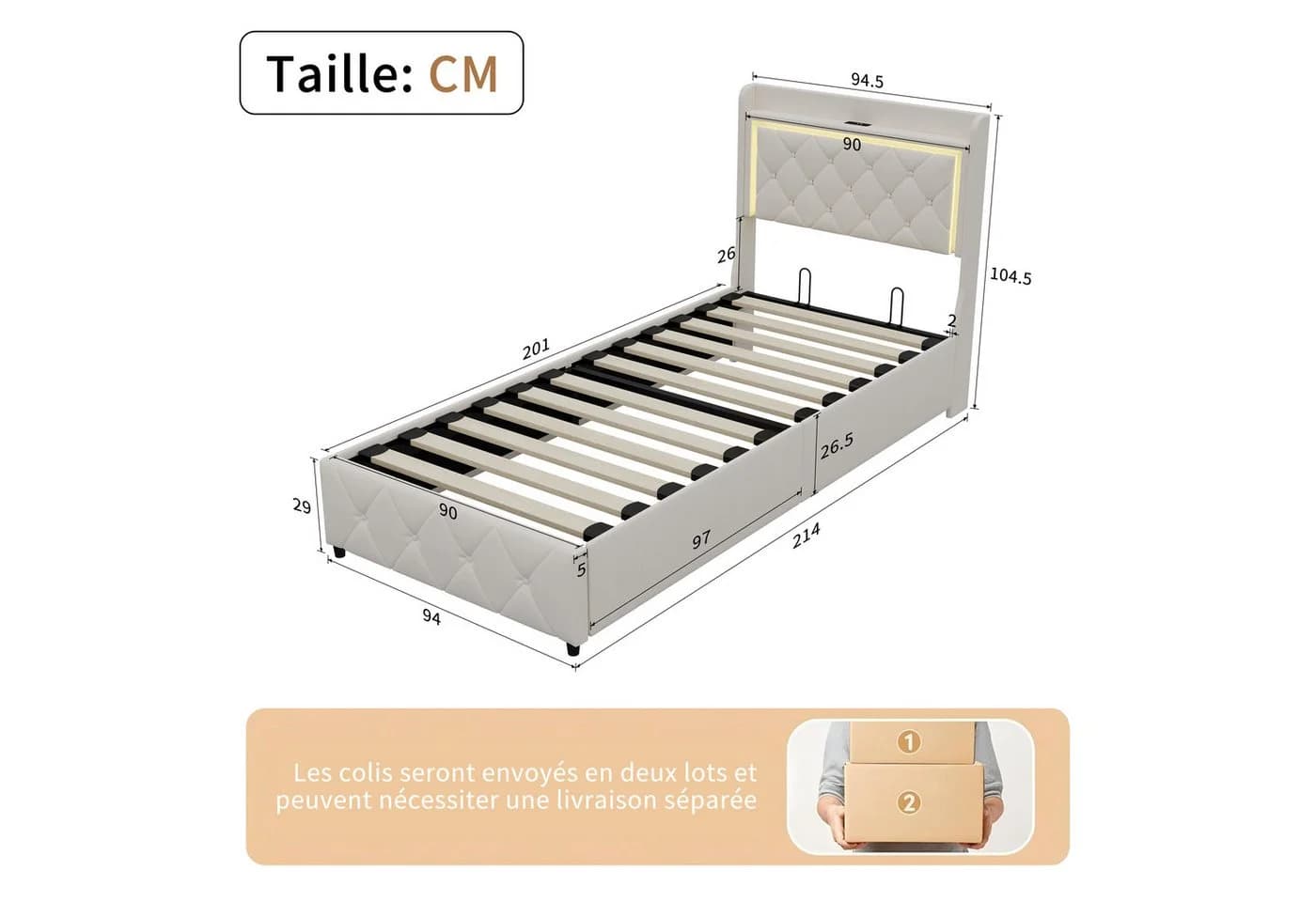 Gdood LED Polsterbett Beige Samt mit Stauraum und Lattenrost - Bild 3