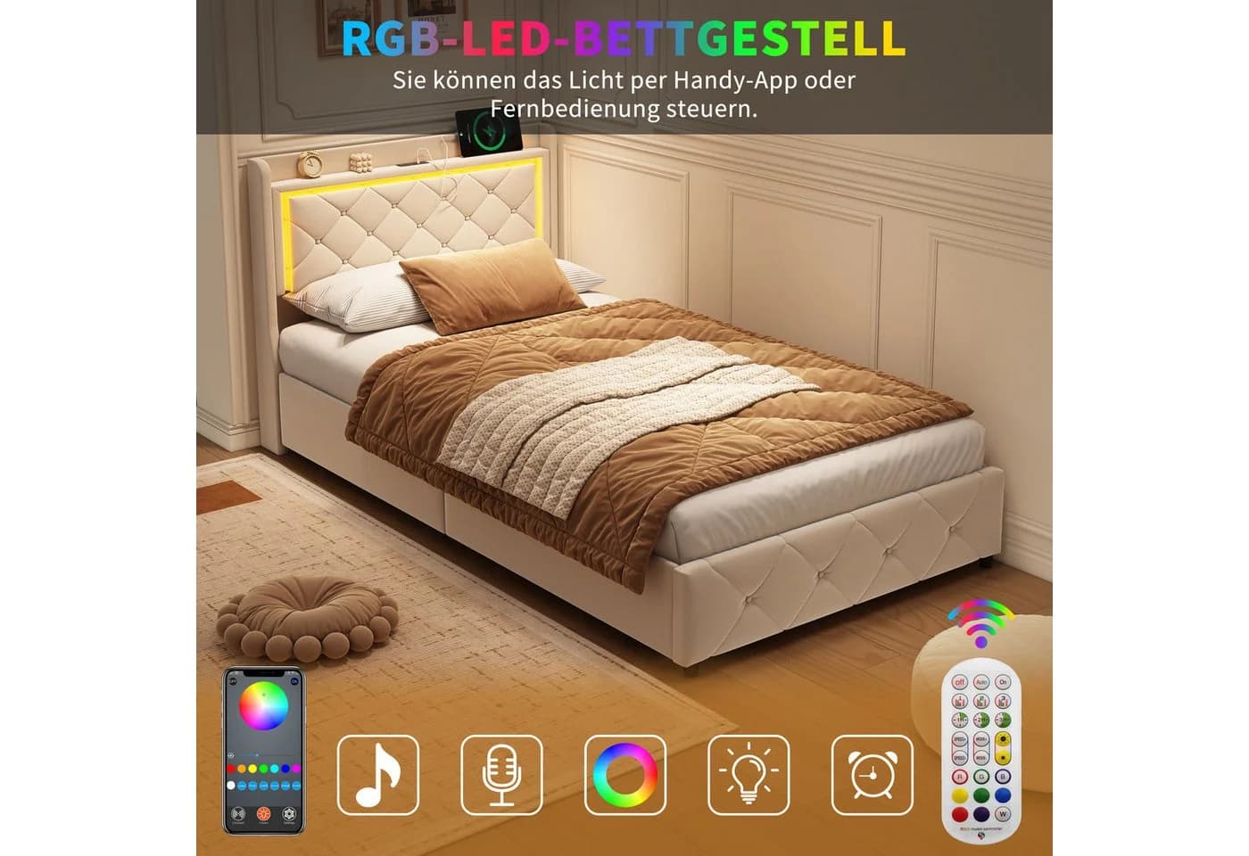Gdood LED Polsterbett Beige Samt mit Stauraum und Lattenrost - Bild 4