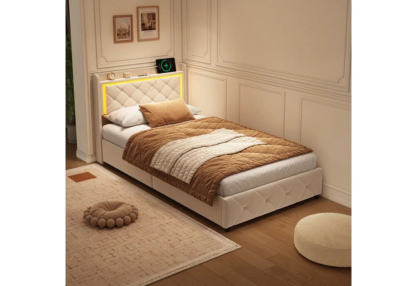 Gdood LED Polsterbett Beige Samt mit Stauraum und Lattenrost - Bild 5