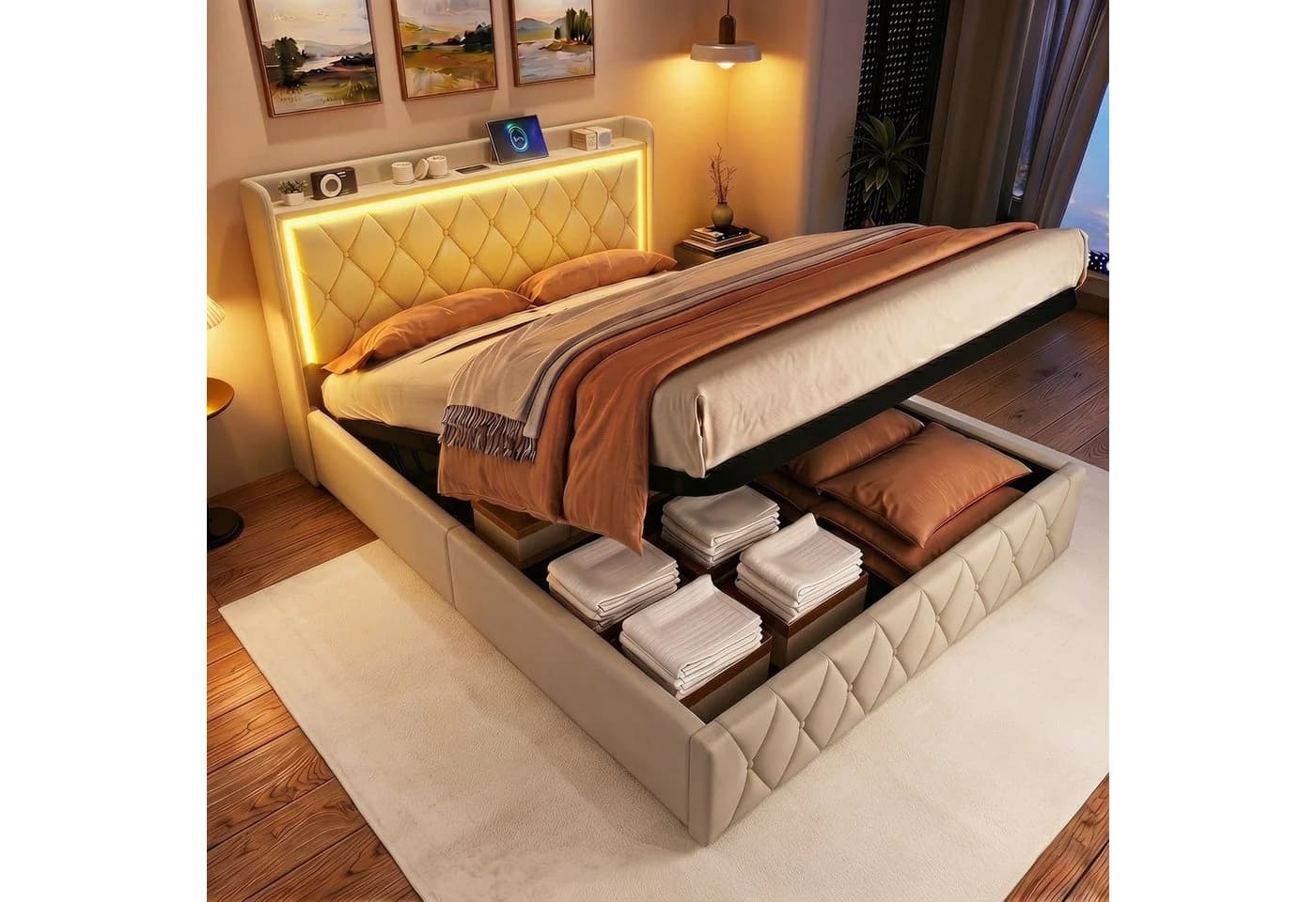Gdood LED Polsterbett mit Stauraum und Samtbezug Beige - Bild 2