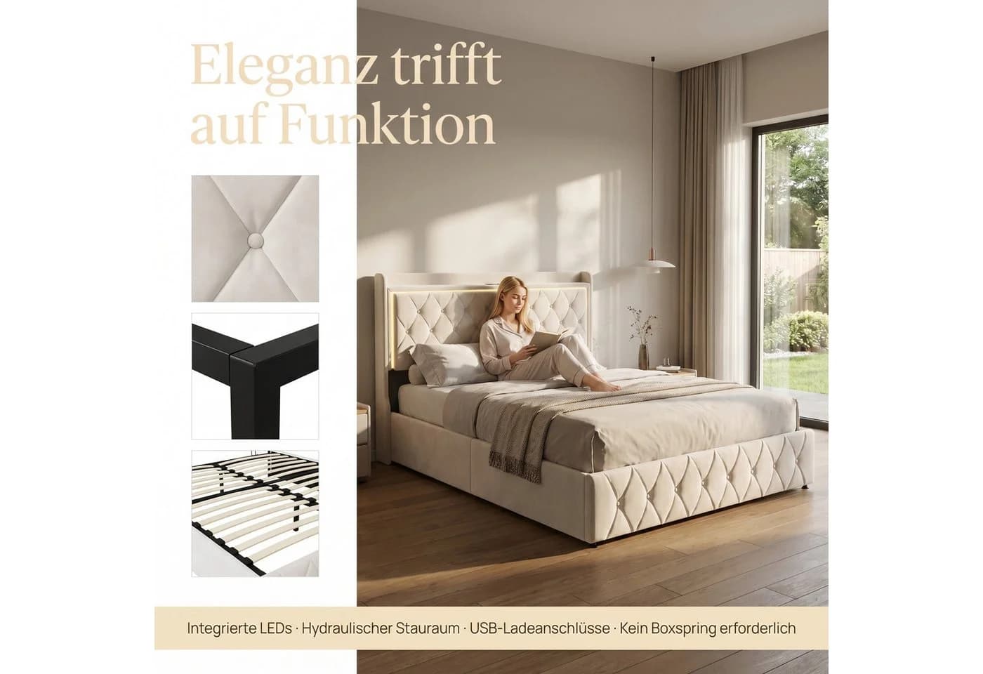 Gdood LED Polsterbett mit Stauraum und Samtbezug Beige - Bild 3