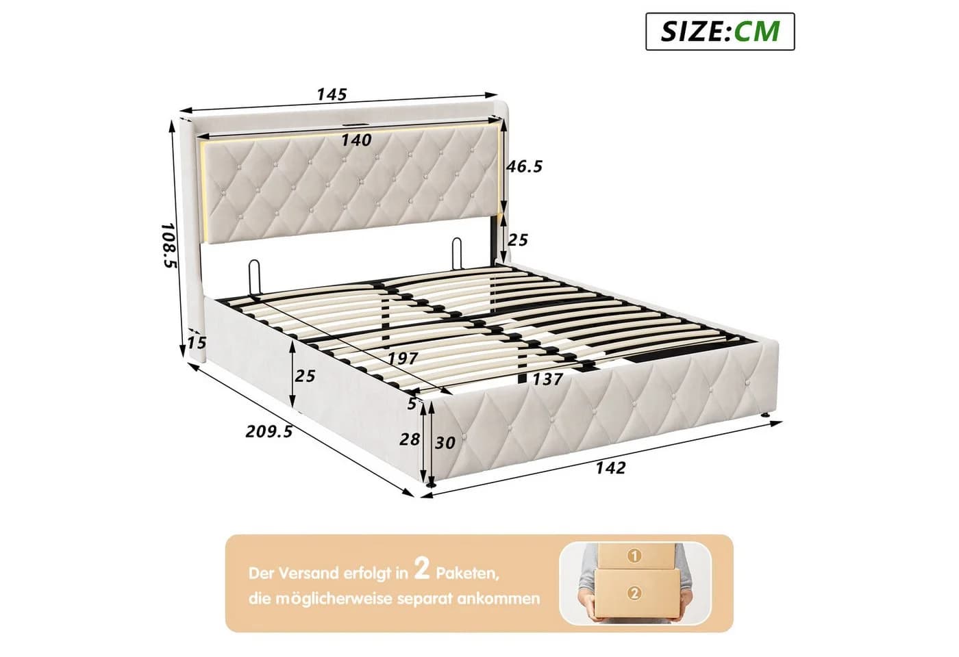 Gdood LED Polsterbett mit Stauraum und Samtbezug Beige - Bild 5