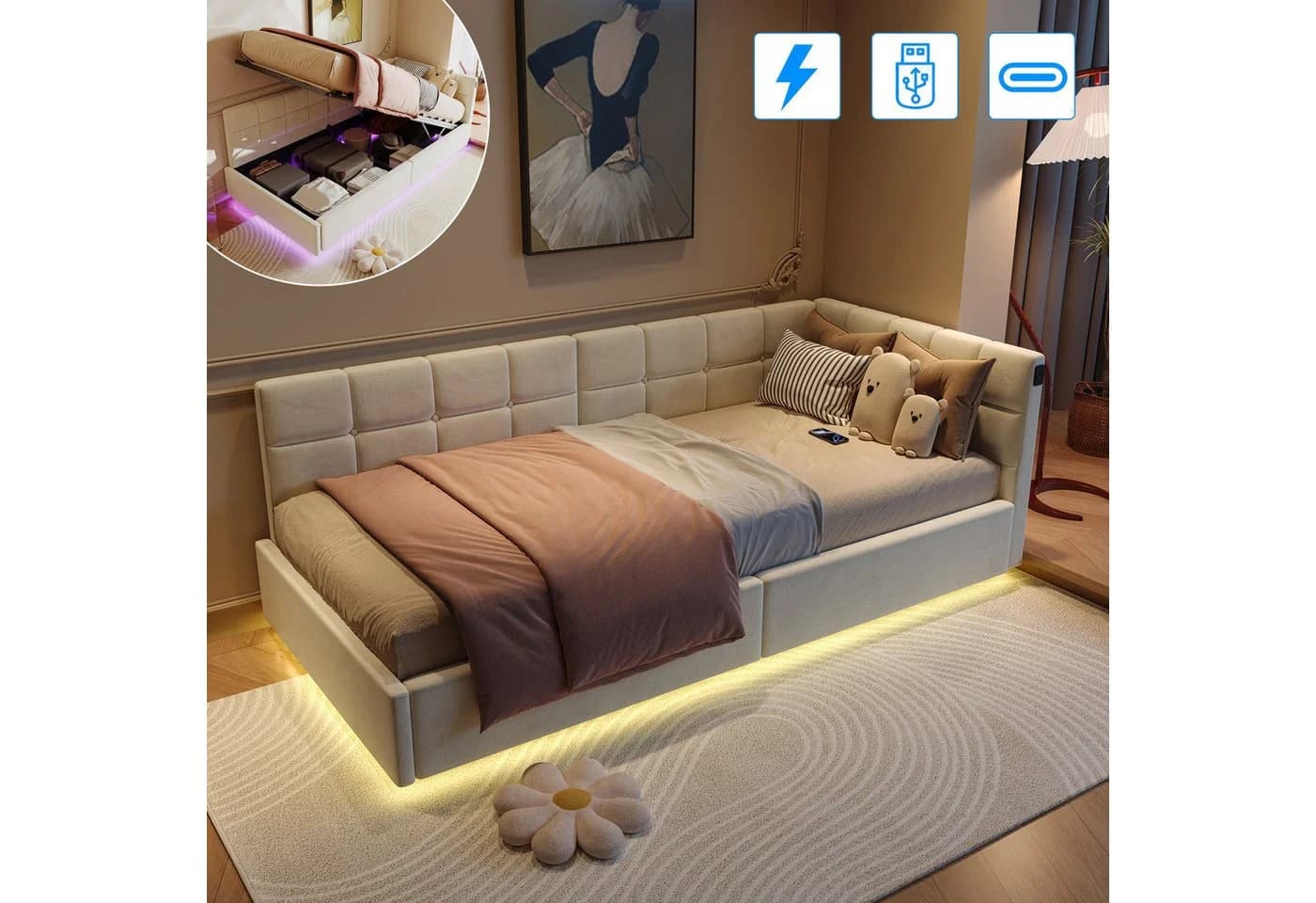 Modernes Polsterbett aus Holz, Metall und Samt - Bild 2
