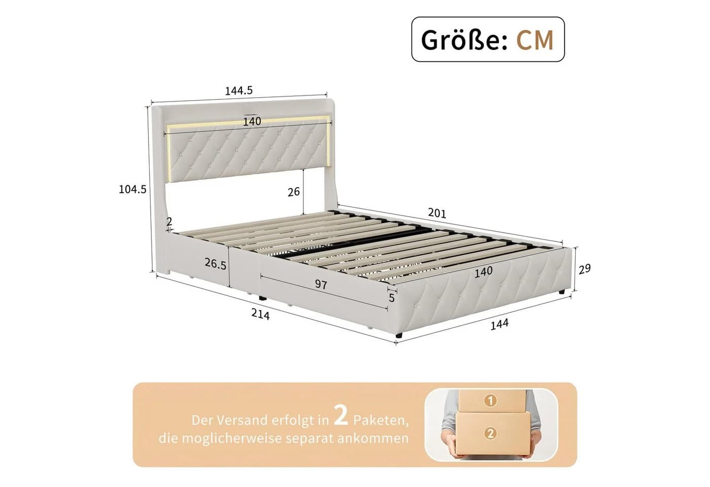 Gdood Polsterbett Beige mit LED-Beleuchtung und Stauraum - Bild 3