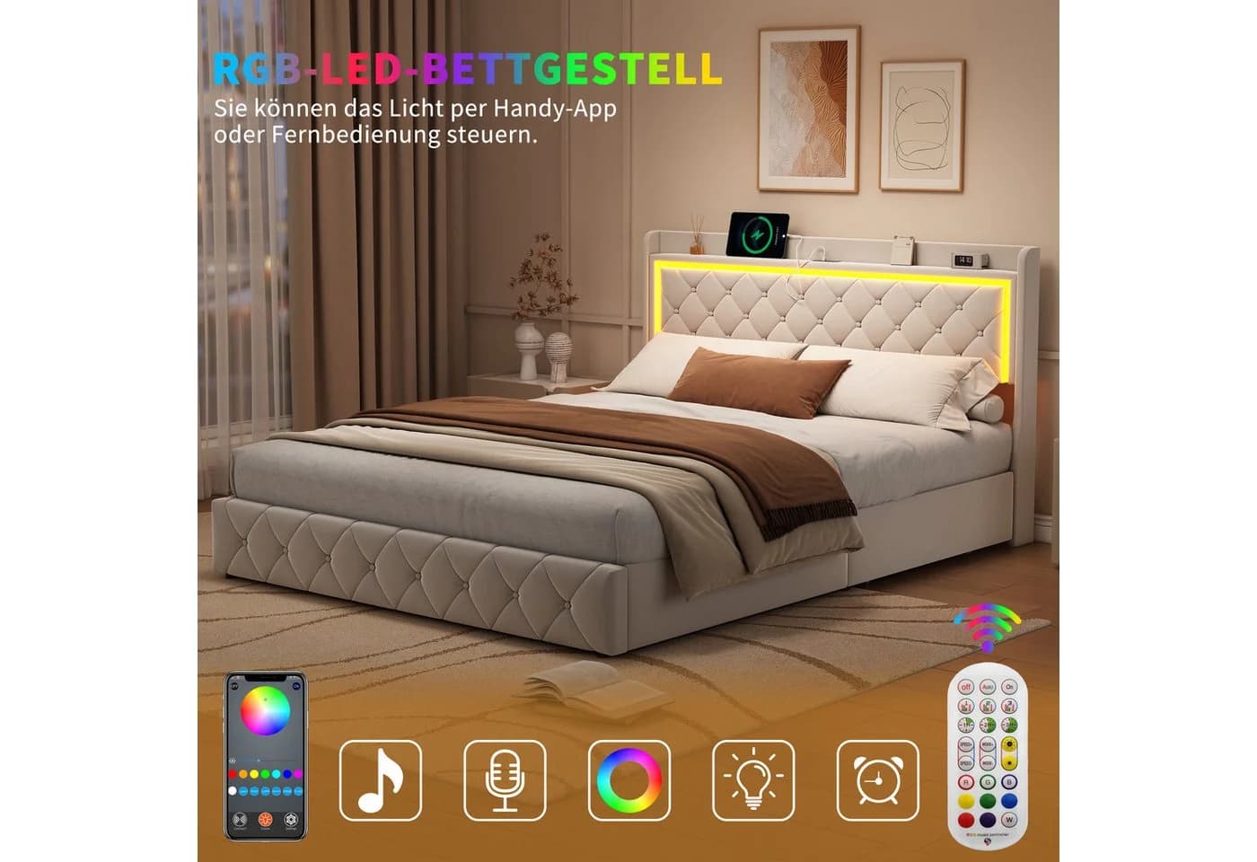 Gdood Polsterbett Beige mit LED-Beleuchtung und Stauraum - Bild 4
